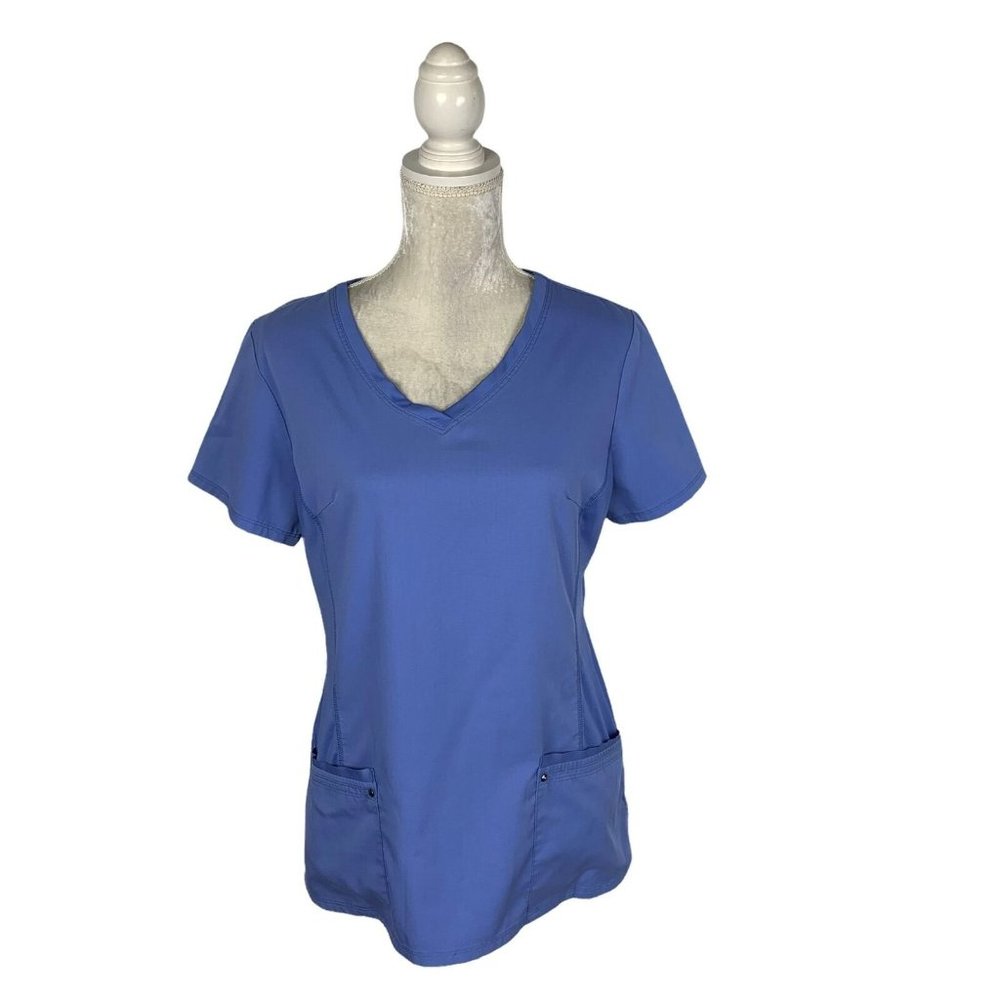 Purple‎ Label Yoga by Healing Hands Scrub Top Cornflower Blue Short Sleeve L